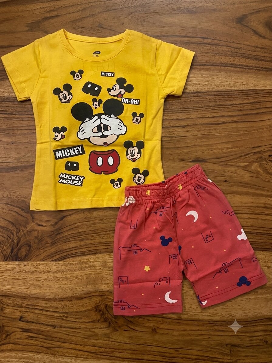 Gset_Playful Mickey Girls Cotton Half Sleeves Playful Mickey Print T-shirt & shorts - Image 1