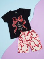 Girls Cotton Half Sleeves Black & Red Print T-shirt & shorts