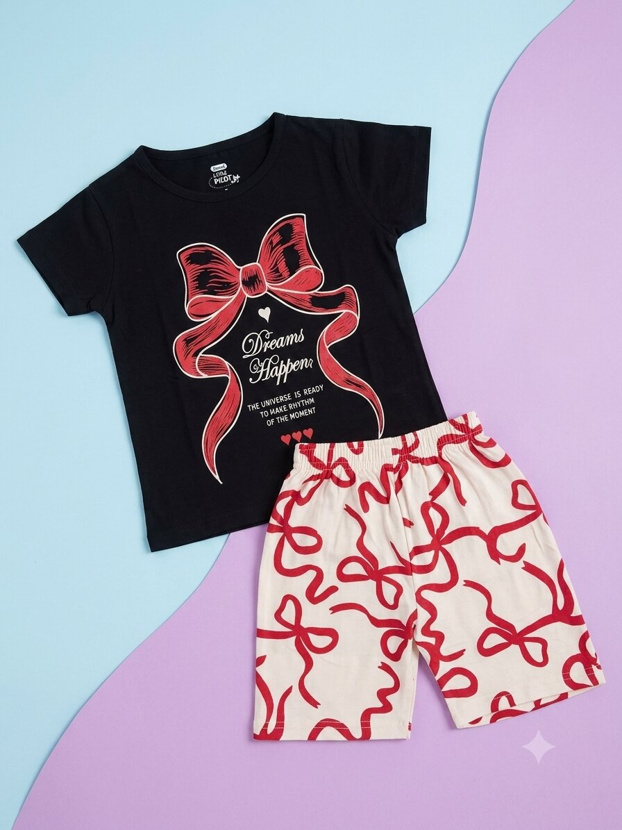 Gset_blRed Girls Cotton Half Sleeves Black & Red Print T-shirt & shorts - Image 1