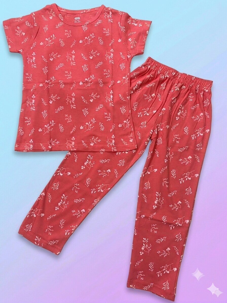 Gset_cozycral Pure Cotton Half Sleeves Cozy Coral Meadow Print T-shirt & pant - Image 1