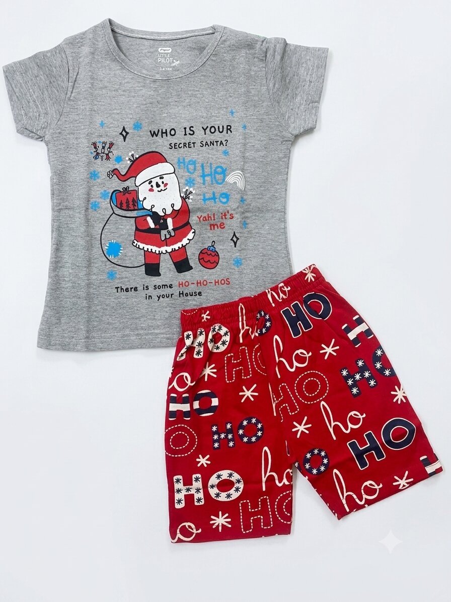 Gset_grey Girls Cotton Half Sleeves Grey & Red Print T-shirt & shorts - Image 1