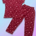Pure Cotton Half Sleeves Sweet Heart Maroon Print T-shirt & pant