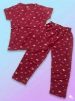 Pure Cotton Half Sleeves Sweet Heart Maroon Print T-shirt & pant