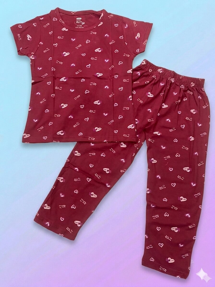 Gset_red Pure Cotton Half Sleeves Sweet Heart Maroon Print T-shirt & pant - Image 1