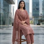 Cotton Mauve Taupe Striped & Embroidered 3-Piece set