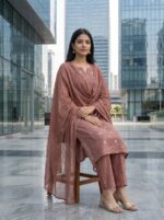 Cotton Mauve Taupe Striped & Embroidered 3-Piece set