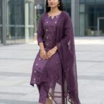 Cotton Wine Purple Striped & Embroidered 3-Piece set