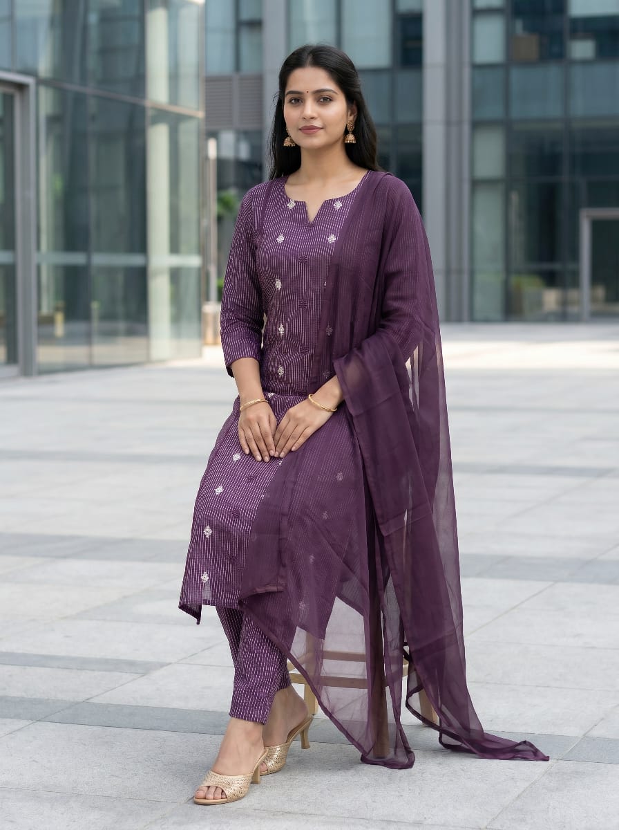 K3piece_wine1 Cotton Wine Purple Striped & Embroidered 3-Piece set - Image 1