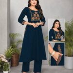 Teal Navy Cotton Embroidered A-Line Kurta & Pant Set