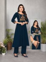 Teal Navy Cotton Embroidered A-Line Kurta & Pant Set
