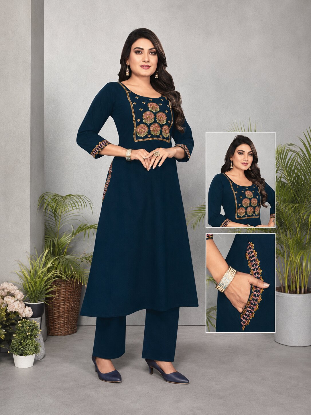 KurtaSet_Blue1 Teal Navy Cotton Embroidered A-Line Kurta & Pant Set - Image 1
