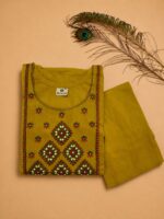 Mustard Olive Green Cotton Embroidered A-Line Kurta & Pant Set - Image 2