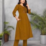 Mustard Olive Green Cotton Embroidered A-Line Kurta & Pant Set