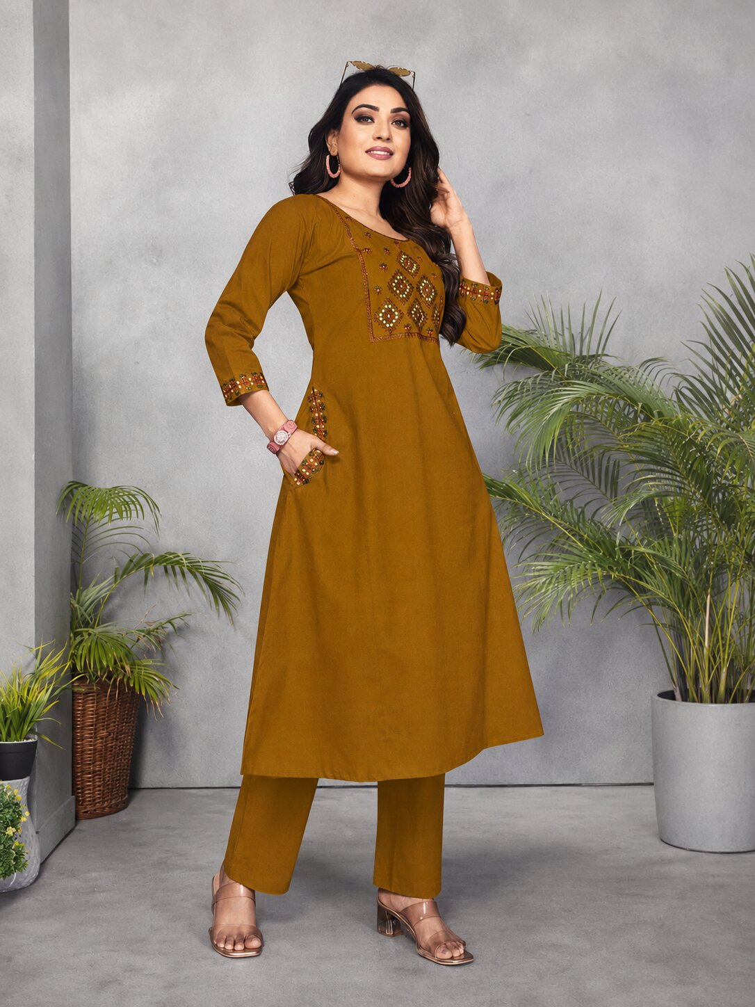 KurtaSet_OliveGreen1 Mustard Olive Green Cotton Embroidered A-Line Kurta & Pant Set - Image 1