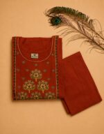 Rust Orange Cotton Embroidered A-Line Kurta & Pant Set - Image 2