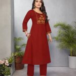 Rust Orange Cotton Embroidered A-Line Kurta & Pant Set