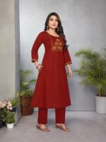 Rust Orange Cotton Embroidered A-Line Kurta & Pant Set