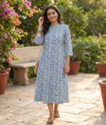 Indigo Floral Printed A-Line Cotton dress