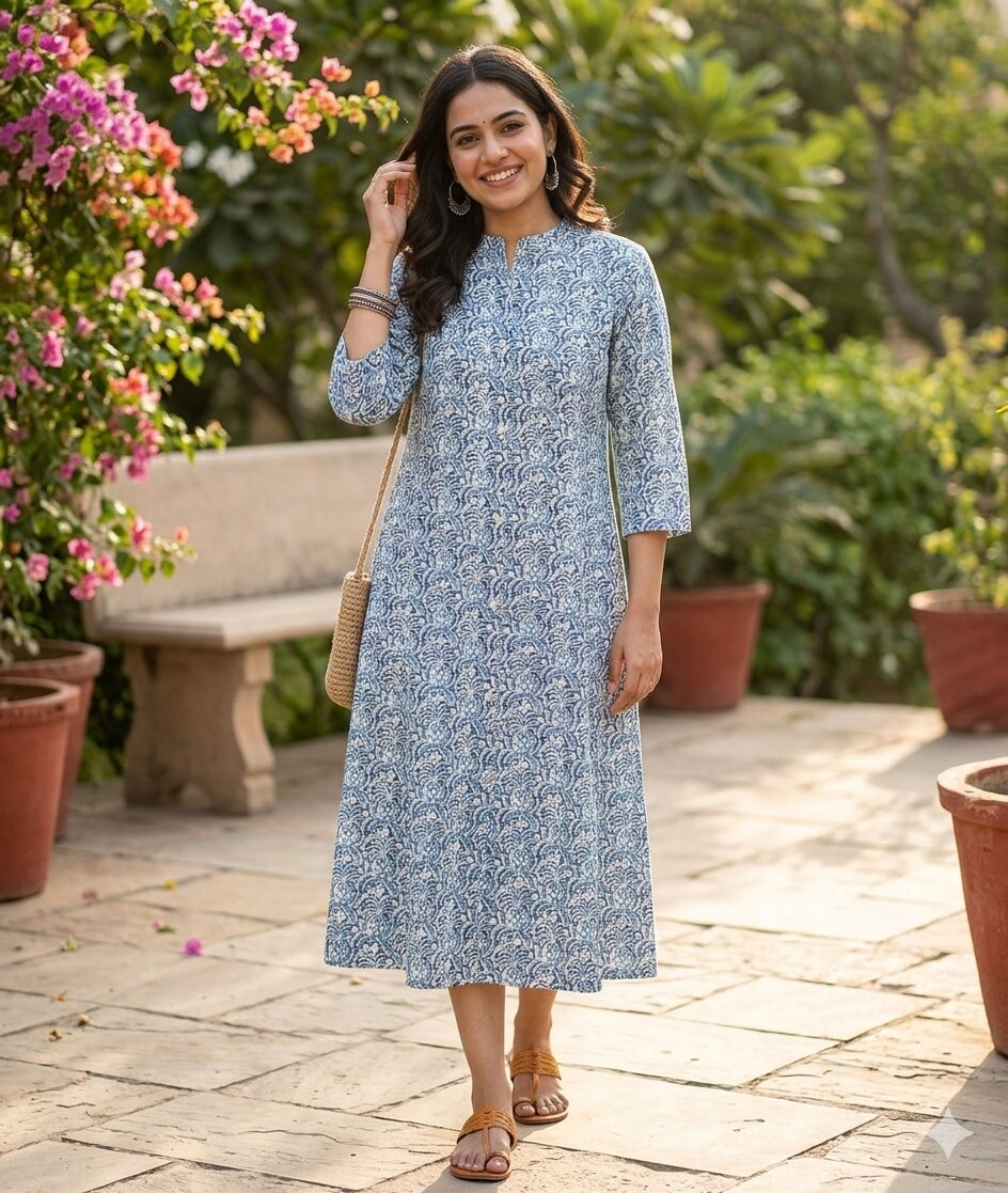 Lkurta_Blue1 Indigo Floral Printed A-Line Cotton dress - Image 1