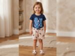 Girls Cotton Half Sleeves Navy Blue & Peach Print T-shirt & shorts - Image 2