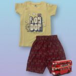 Boys Half Sleeves Beige & Maroon all over Print T-shirt & shorts