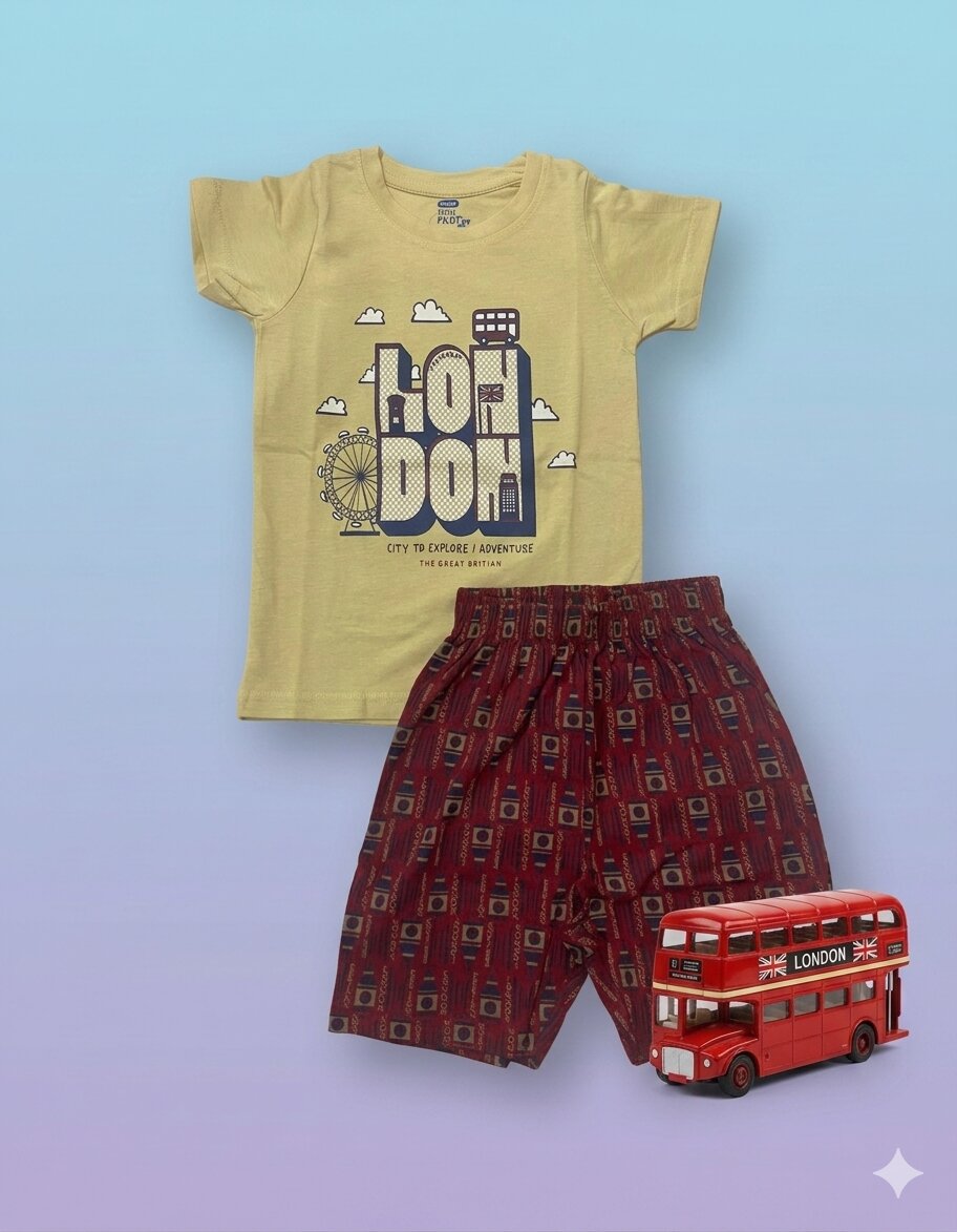 Set_Beige & Maroon Boys Half Sleeves Beige & Maroon all over Print T-shirt & shorts - Image 1