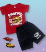Boys Half Sleeves Red & Black Print T-shirt & shorts