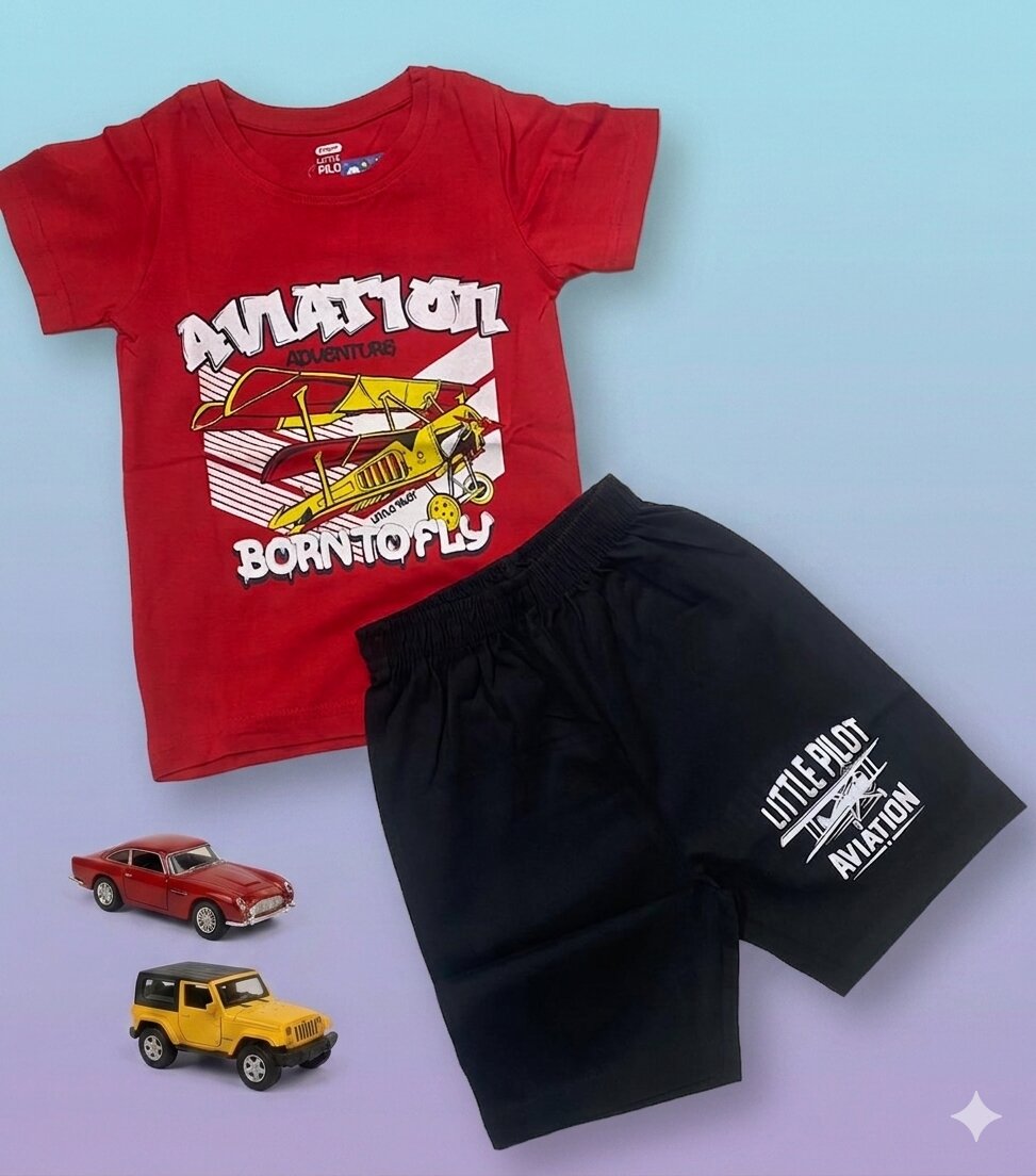 Set_Red&Black Boys Half Sleeves Red & Black Print T-shirt & shorts - Image 1