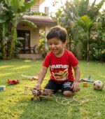 Boys Half Sleeves Red & Black Print T-shirt & shorts - Image 2