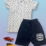 Boys Half Sleeves White & Navy Blue all over Print T-shirt & shorts