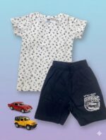 Boys Half Sleeves White & Navy Blue all over Print T-shirt & shorts
