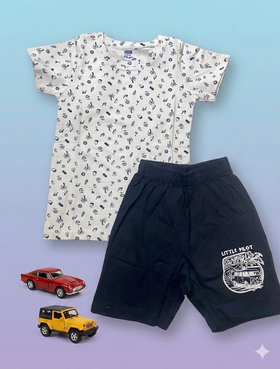 Set_WhiteBlue Boys Half Sleeves White & Navy Blue all over Print T-shirt & shorts - Image 1