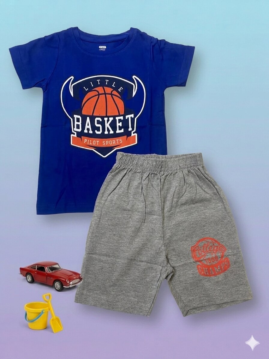 Set_bluegray Boys Half Sleeves Blue & Gray Print T-shirt & shorts - Image 1