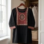 Short Kurta - Jet Black Slub Cotton with Ajrakh-Printed Yoke