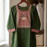 Short Kurta - Olive Green Slub Cotton with Ajrakh-Printed Yoke
