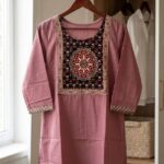 Short Kurta - Dusty Rose Slub Cotton with Ajrakh-Printed Yoke