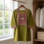 Short Kurta - Light Olive Green Slub Cotton with Ajrakh-Printed Yoke