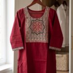 Short Kurta - Crimson Red Slub Cotton with Ajrakh Printed Yoke