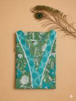 Aqua Green Floral Printed Cotton Kantha Tunic Kurta - Image 2