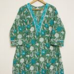 Aqua Green Floral Printed Cotton Kantha Tunic Kurta