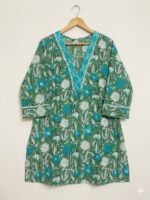 Aqua Green Floral Printed Cotton Kantha Tunic Kurta