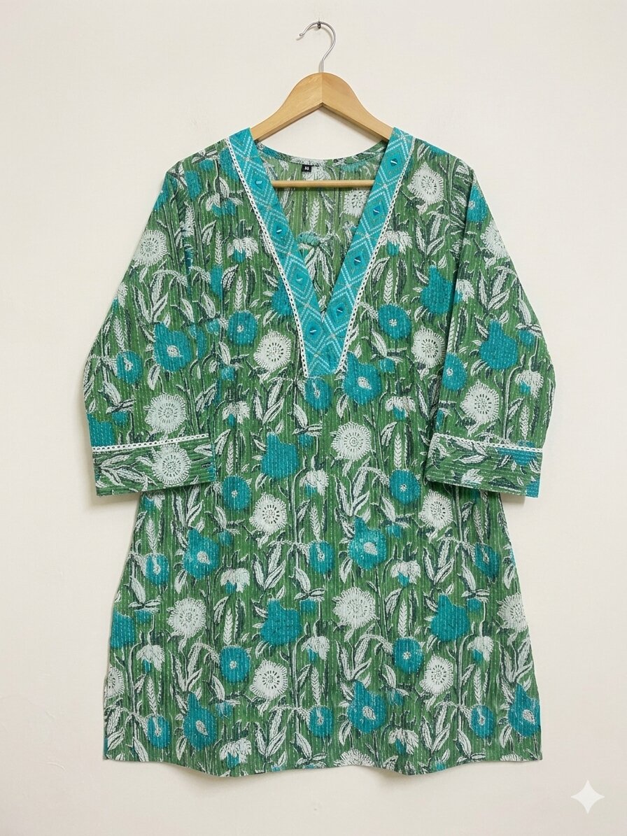 Skurta_Aqua1 Aqua Green Floral Printed Cotton Kantha Tunic Kurta - Image 1