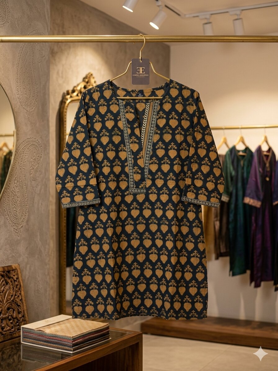 Skurta_Yellow Mustard & Black Block-Printed Cotton Tunic Kurta - Image 1