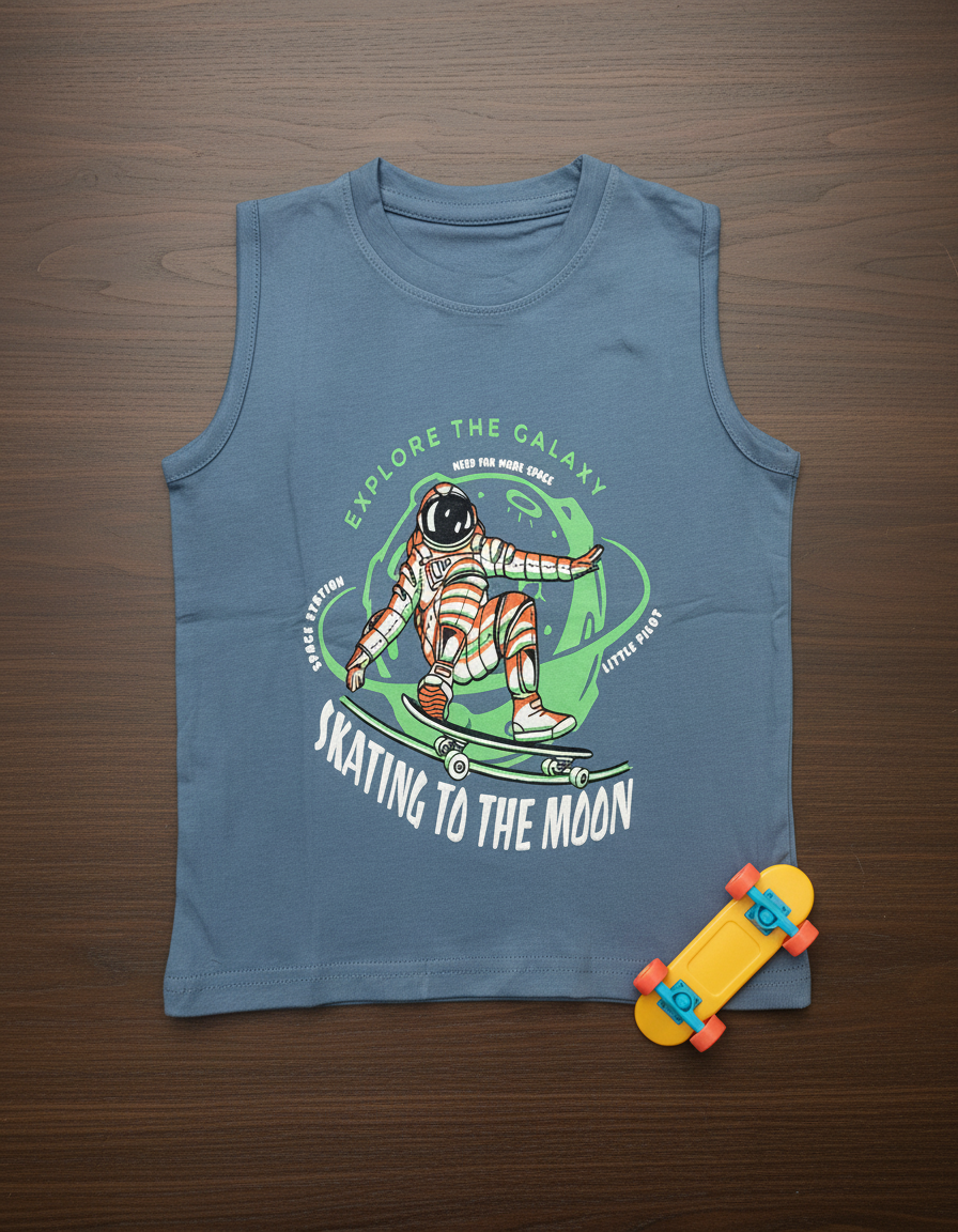 Sl_Blue Boys Cotton Printed Sleeveless T-shirt – Steel Blue - Image 1
