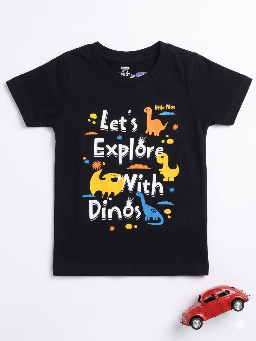Sleeve_dino black Boys Cotton Crew Neck Printed T-Shirt – Dino black - Image 1