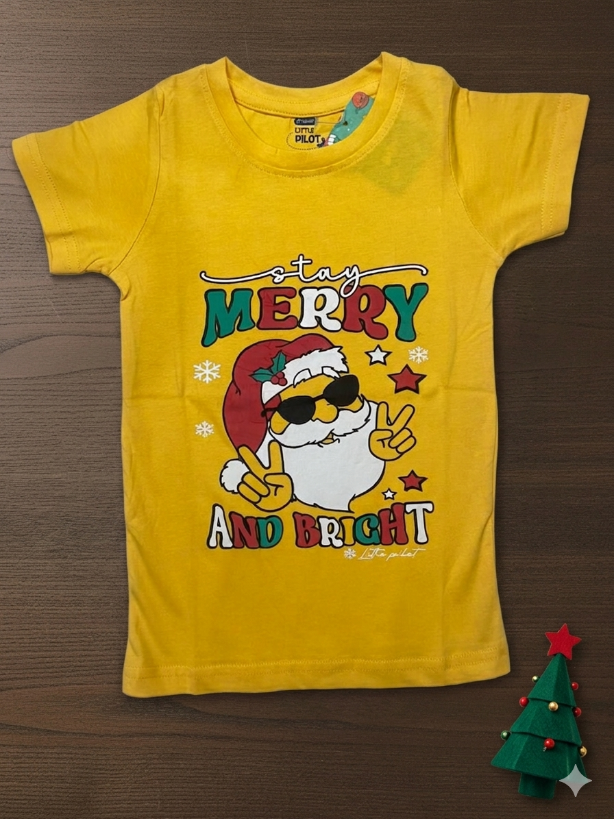 Sleeve_yellow Boys Cotton Crew Neck Printed T-Shirt – Yellow Santa - Image 1