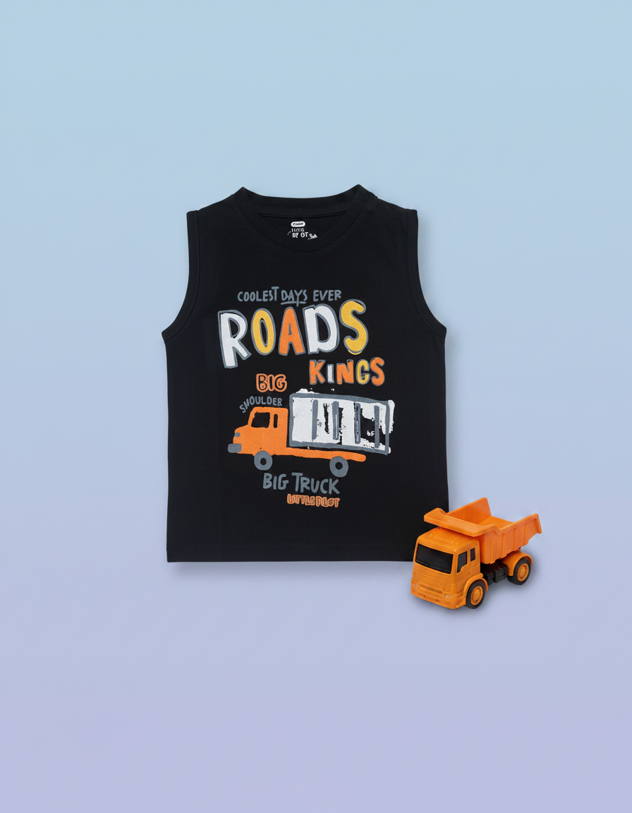 Sleveless_Black Boys Cotton Printed Sleeveless T-shirt – Black - Image 1