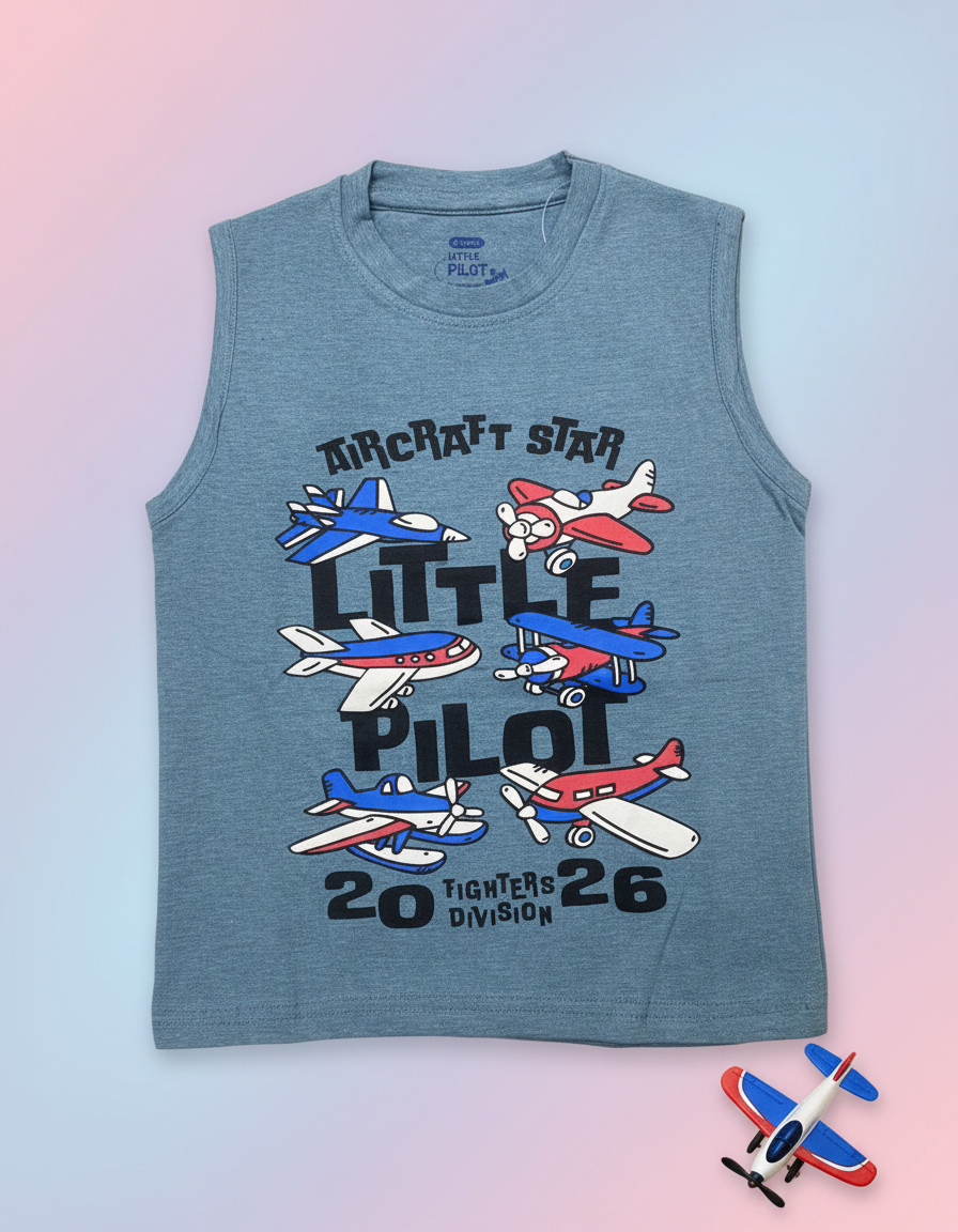 Sleveless_Chambray Blue Boys Cotton Printed Sleeveless T-shirt –Chambray Blue - Image 1
