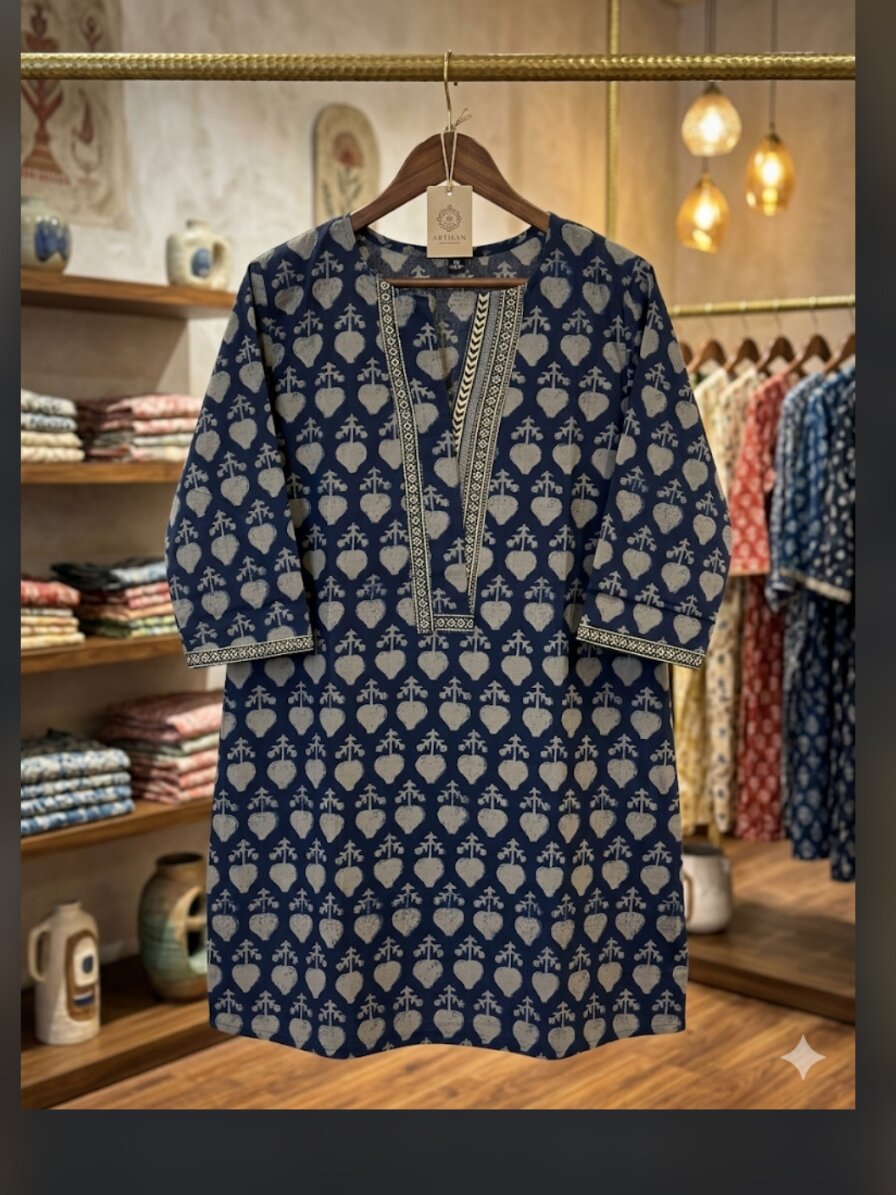 Untitled design (4) Short Kurta - Indigo Blue Block Cotton - Image 1
