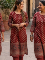 Maroon Cotton Printed Kurta & Palazzo Pant Set